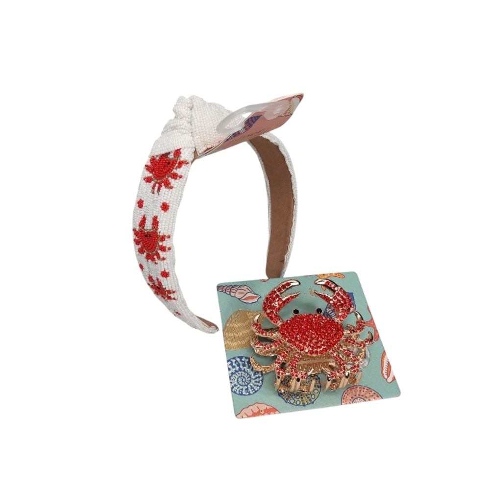 Piper K Beaded Crab Headband & Rhinestone Crab Hair Clip Bundle